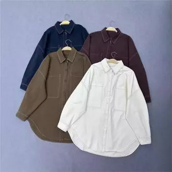 Johnature Spring Loose Slouchy With Large Pockets Women Long Shirts 2025 Casual Turn-down Collar Irregular Shirts One Size темные хаки