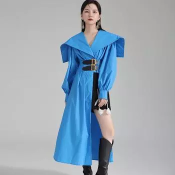 Johnature Весенне-летний дизайн, длинная рубашка с нерегулярной строчкой и поясом, модные женские рубашки премиум-класса с воздушными рукавами One Size синий