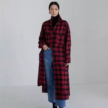 Johnature Spring Women Long Shirts For Women Casual Simple Turn-down Collar Loose Side Slit Plaid Shirts M красный