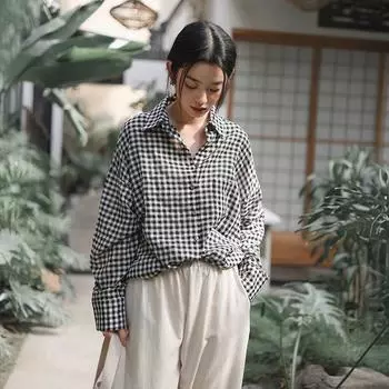 Johnature Spring Women Plaid Shirts Tops Turn-down Collar Blouses Casual Female Shirts One Size