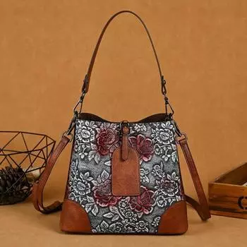Johnature Сумка-ведро ручной работы с цветочным принтом, женская сумка с тиснением в стиле ретро, сумки через плечо большой емкости зелёный