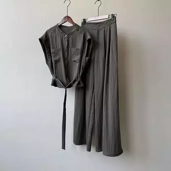 Johnature Summer Casual Round Neck Sleeveless Shirt Set Women Korean Belt Casual Wide-leg Pants Loose Two-Piece Sets M
