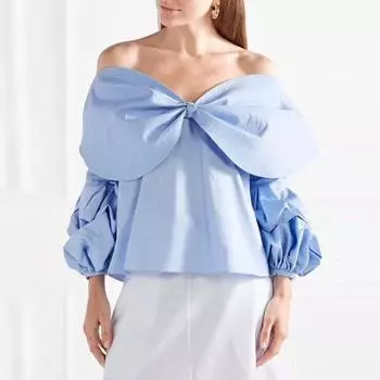 Johnature Summer Fashion Off Shoulder Tops Women Shirt Solid Color Slash Neck Bow Blouse One Size светло-синий