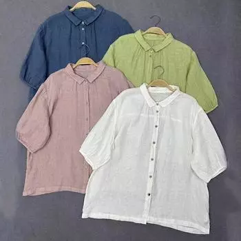 Johnature Summer Mori однотонные рубашки с короткими рукавами, повседневные простые свободные рубашки в стиле ретро One Size белый