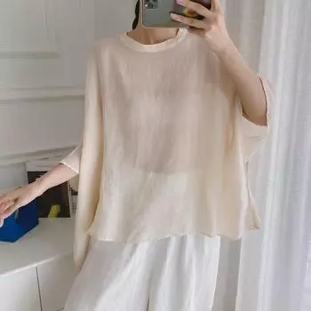 Johnature Summer Thin Sun Protection Shirts Vintage Simple All Match Solid Color Loose Women Blouses One Size бежевый