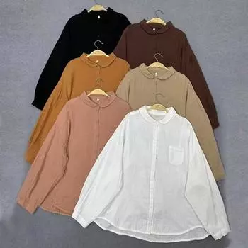 Johnature Свободная однотонная хлопковая рубашка с кукольным воротником женская весенняя корейская универсальная рубашка с длинными рукавами повседневная весенняя One Size хаки