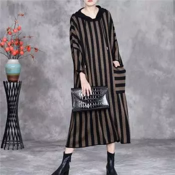 Johnature Свободное Индивидуальное Полосатое Модное Трикотажное Платье С Капюшоном Женское Осеннее Нишевое Корейское Повседневное Платье One Size