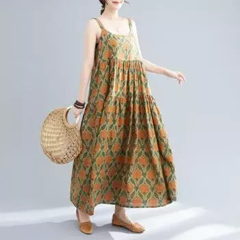 Johnature Свободное плиссированное женское платье с принтом Летние повседневные универсальные женские платья без рукавов на бретельках One Size зелёный