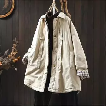 Johnature Свободное повседневное однотонное пальто с отложным воротником, женское зимнее ретро-пальто с длинными рукавами в винтажном китайском стиле One Size жёлтый