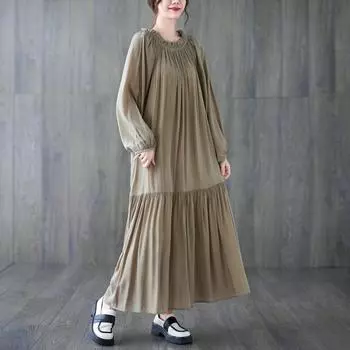 Johnature Свободное женское платье на шнуровке Весеннее повседневное простое плиссированное женское платье с воротником с оборками и карманами One Size чёрный