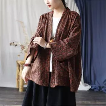 Johnature Свободное женское зимнее пальто в китайском стиле с принтом и V-образным вырезом, винтажное пальто One Size