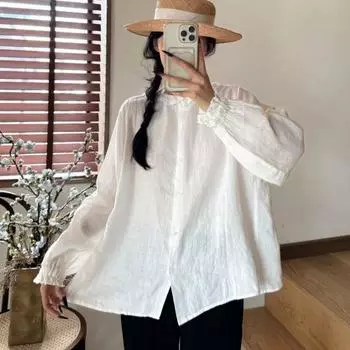 Johnature Свободные блузки с оборками и эластичным воротником, весна-осень, повседневные женские рубашки в японском стиле One Size темно серый