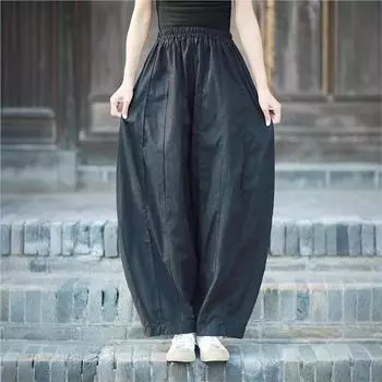 Johnature Свободные повседневные брюки-шаровары с эластичной резинкой на талии, женские осенние свободные повседневные брюки в стиле ретро однотонного цвета One Size чёрный