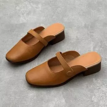 Johnature/тапочки из натуральной кожи на толстом каблуке, повседневная верхняя одежда с круглым носком, шлепанцы, универсальная женская обувь из воловьей кожи 35 чёрный