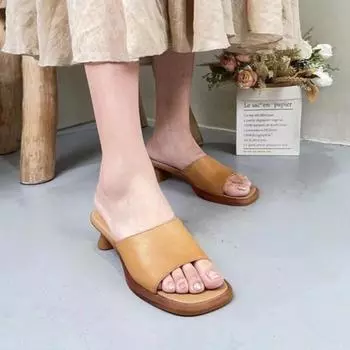 Johnature/тапочки из натуральной кожи на толстом каблуке с открытым носком, летние шлепанцы в стиле ретро с квадратным носком, женская обувь на открытом воздухе 35 верблюд