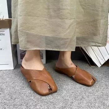 Johnature/тапочки из натуральной кожи с квадратным носком и открытым носком, женская обувь, повседневные шлепанцы на открытом воздухе, удобные тапочки на плоской подошве 35 верблюд