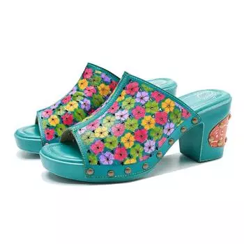 Johnature/тапочки из натуральной кожи с принтом в стиле ретро, летние шлепанцы с ручной росписью, женская обувь, сандалии на высоком каблуке 36 разноцветный