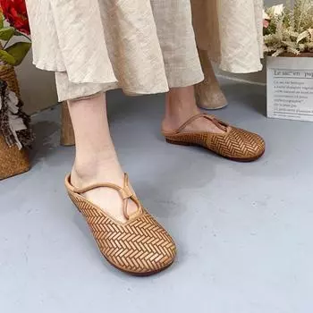 Johnature/тапочки из натуральной кожи с круглым носком, женская обувь без шнуровки, повседневные шлепанцы на мягкой подошве 35 верблюд