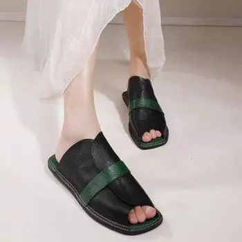 Johnature/тапочки из натуральной кожи в стиле ретро, женские шлёпанцы с квадратным носком, разноцветные, на мягкой подошве с открытым носком, уличные шлёпанцы 36 чёрный