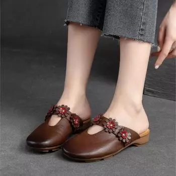 Johnature/тапочки из натуральной кожи, женская обувь, шлепанцы ручной работы, сандалии ручной работы с круглым носком и цветами в стиле ретро