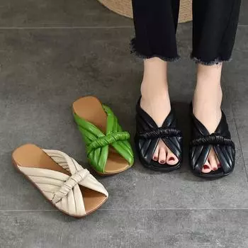 Johnature/тапочки на плоской подошве из натуральной кожи с открытым носком, удобные дышащие уличные шлепанцы, женская обувь 35 бежевый