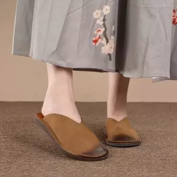 Johnature/тапочки ручной работы из натуральной кожи на плоской подошве в стиле ретро, однотонные уличные шлепанцы, удобная женская обувь на мягкой подошве 34 кофейный