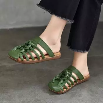 Johnature тапочки ручной работы с круглым носком, женские полые сандалии на плоской подошве из натуральной кожи, уличные шлепанцы 36 чёрный