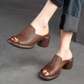 Johnature/тапочки с открытым носком, однотонная винтажная удобная женская обувь на высоком каблуке из натуральной кожи, простая женская обувь 35 чёрный