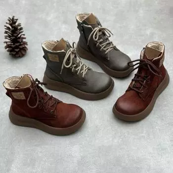 Johnature Теплые хлопковые ботинки из натуральной кожи на толстой подошве в стиле ретро с круглым носком и боковой молнией, женские короткие плюшевые ботинки 35-Plush серый