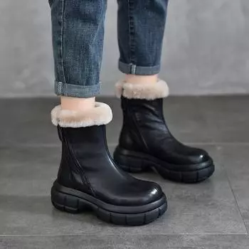 Johnature/теплые плюшевые ботинки на толстой подошве, женские ботинки из натуральной кожи, утепленные короткие ботинки с двойной молнией