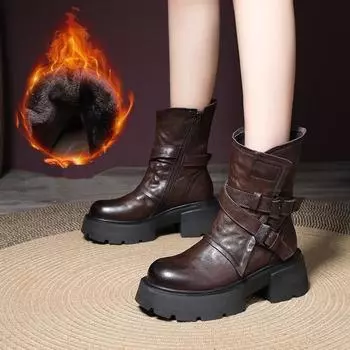 Johnature/теплые женские ботинки из натуральной кожи с плюшевой пряжкой, короткие сапоги на толстом каблуке с толстой подошвой и пряжкой на ремне 34 чёрный