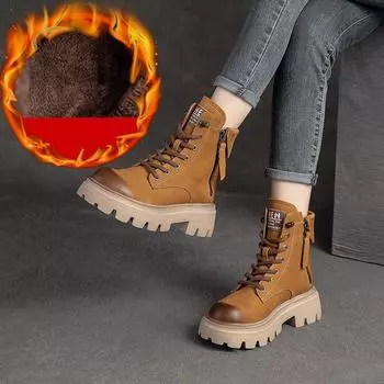 Johnature Thick Sole Women Boots Genuine Leather Retro Round Toe Side Zipper Short Boots 35 коричневый