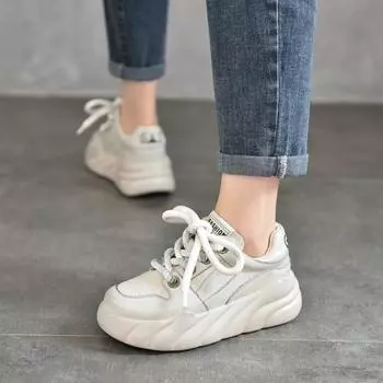 Johnature Толстая подошва из натуральной кожи женские туфли с круглым носком на шнуровке для спорта и отдыха на плоской платформе 38 бежевый