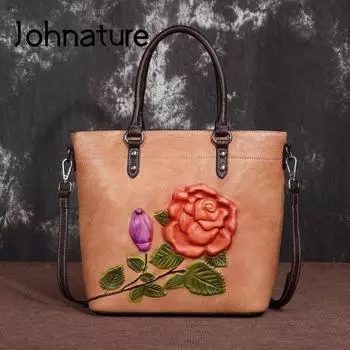 Johnature тисненая сумка ручной работы в стиле ретро, женская сумка из коровьей кожи, сумка-ведро, большая вместительная сумка через плечо, сумки-мессенджеры коричневый