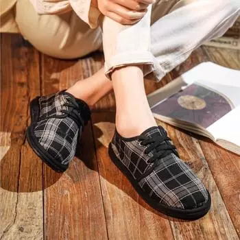 Johnature тканевая обувь ручной работы, дышащая хлопково-льняная женская обувь на мягкой подошве со шнуровкой, туфли в клетку в стиле ретро, туфли на плоской подошве 35 чёрный