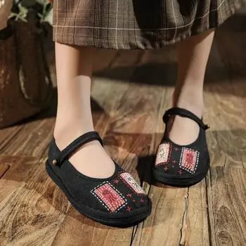 Johnature, тканевые туфли ручной работы с вышивкой в этническом стиле, женские туфли на плоской подошве с круглым носком в стиле ретро, на мягкой подошве 38 чёрный