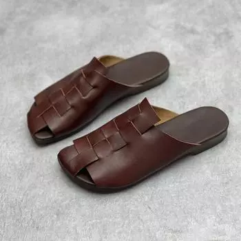 Johnature/тканые тапочки на плоской подошве ручной работы из натуральной кожи, уличные шлепанцы в стиле ретро с круглым носком, женская обувь на мягкой подошве 35 бежевый