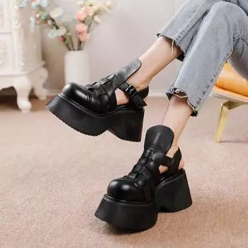 Johnature/Тканые туфли из воловьей кожи на толстой подошве. Женские удобные туфли на танкетке. Сандалии из натуральной кожи в стиле ретро. 34 чёрный