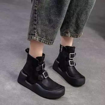Johnature Толстая подошва Британский стиль Короткие сапоги Натуральная кожа Удобные женские туфли на плоской платформе 35 чёрный