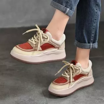 Johnature Толстая подошва из натуральной кожи на шнуровке Повседневные туфли с круглым носком Универсальные женские туфли на плоской платформе 35 бежевый