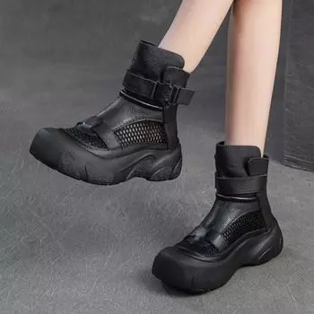 Johnature Толстая подошва полые дышащие сетчатые ботинки ретро натуральная кожа универсальные женские туфли на платформе 35 чёрный