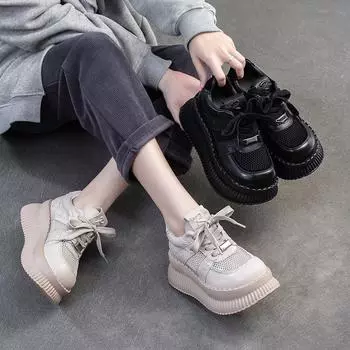 Johnature Толстая подошва Увеличенная высота Натуральная кожа Сращивание Воздухопроницаемая сетка Женские туфли на плоской платформе 34 бежевый