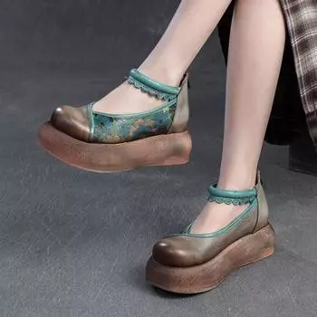 Johnature Толстая подошва увеличивающая рост обувь из натуральной кожи с принтом ретро женские туфли на плоской платформе 35 серый