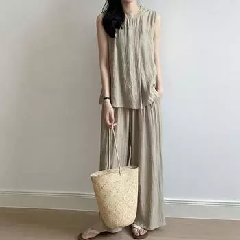 Johnature Тонкий жилет без рукавов, женские летние плиссированные рубашки, широкие брюки, повседневные комплекты из двух предметов, простые мягкие свободные комплекты M чёрный