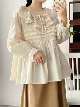 Johnature Топ с кукольным воротником Женский Весенний Мори Разборный На шнуровке Плиссированный Фестончатый край Кукольные рубашки Женские One Size