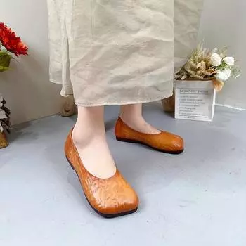Johnature/туфли без шнуровки на плоской подошве из натуральной кожи, женские лоферы ручной работы с квадратным носком и мелкой подошвой, женская обувь ручной работы 35 коричневый