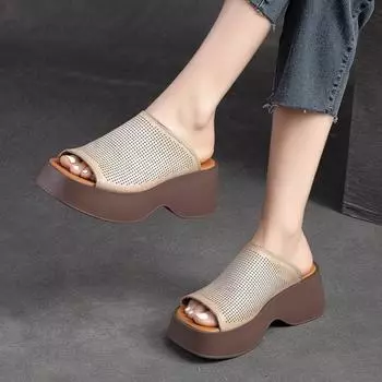 Johnature, туфли из натуральной кожи на толстой подошве с открытым носком, женские винтажные шлепанцы на танкетке, уличные тапочки на платформе 35 абрикосовый