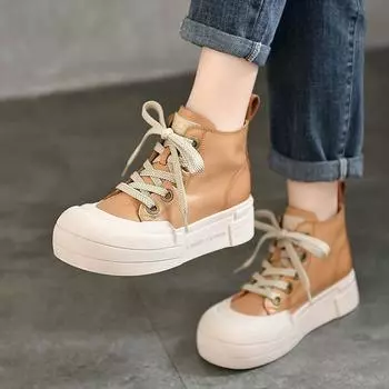 Johnature Натуральная кожа Плоские туфли на платформе Повседневные туфли с круглым носком на толстой подошве Универсальные короткие ботинки на шнуровке 38 жёлтый