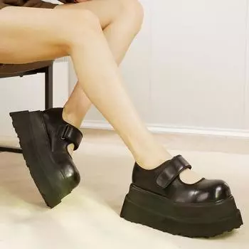 Johnature Туфли из натуральной кожи на толстой подошве 7 см, винтажные универсальные женские туфли на плоской платформе 34 чёрный