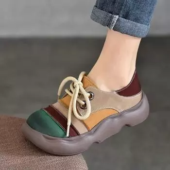 Johnature/туфли из натуральной кожи на толстой подошве со шнуровкой, разноцветные женские туфли на плоской подошве в стиле ретро с круглым носком 35 хаки
